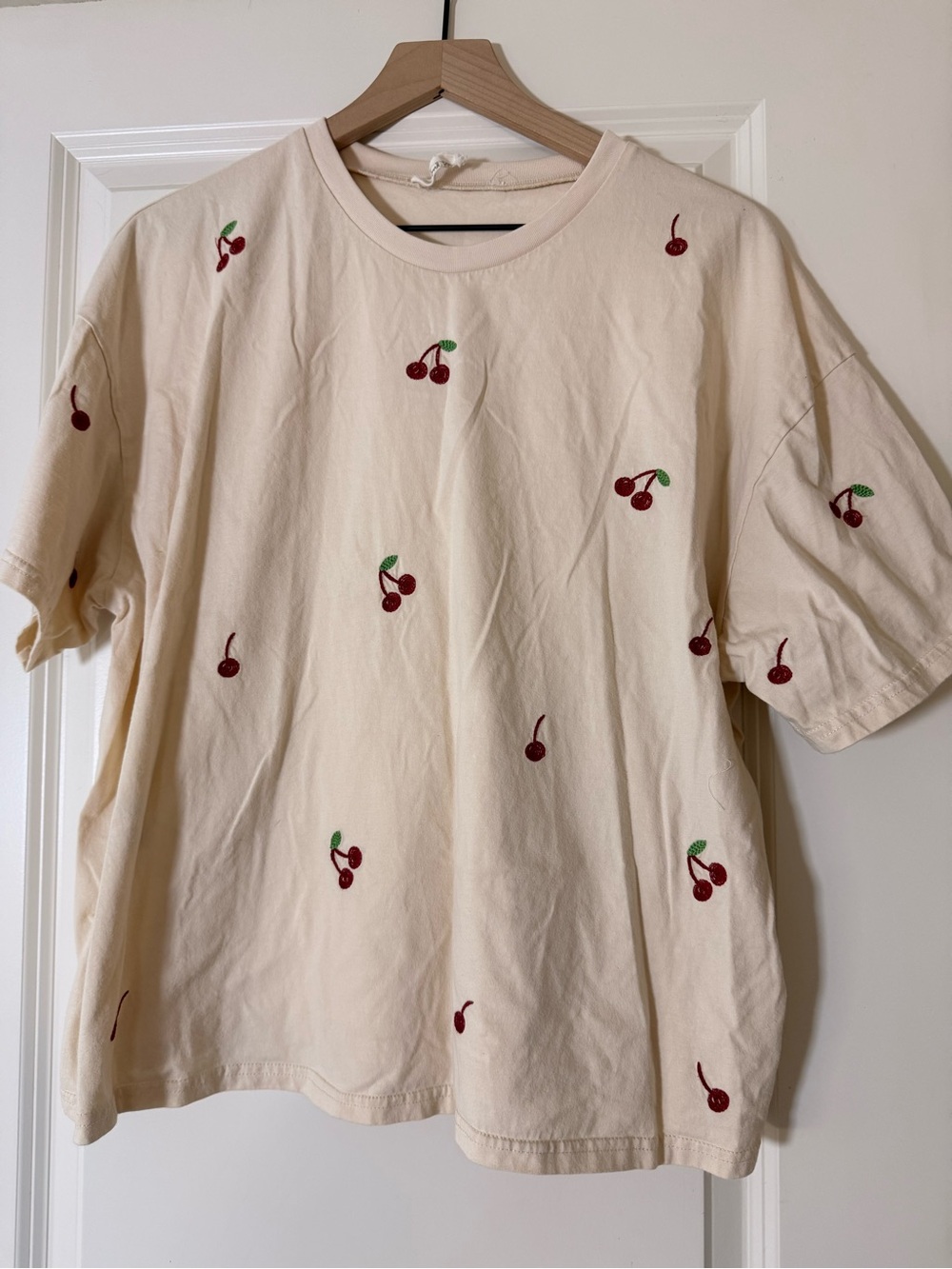 Cream Cherry Embroidered Short Sleeve Tee